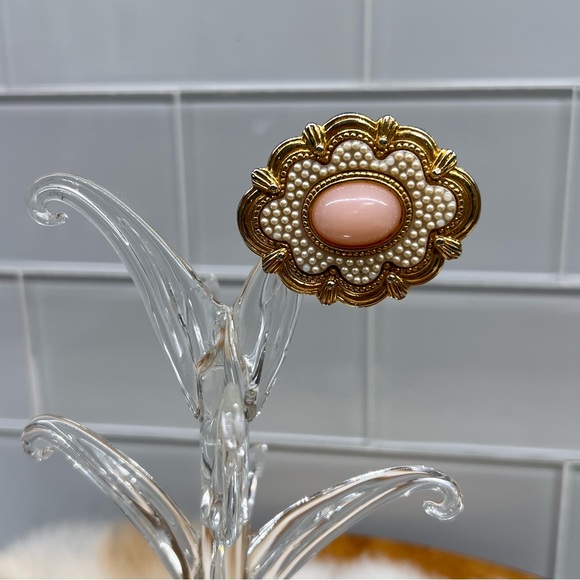 Antique Style Victorian Brooch Pink Cabochon Edwardian Seed Pearl Pin Vtg Avon? - Picture 2 of 8
